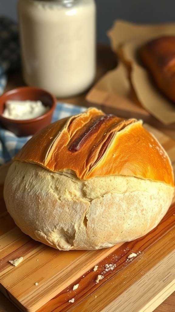 Three-Day Fermented Sourdough Bread Recipe A golden-brown artisan sourdough bread loaf on a wooden board, showcasing its crispy crust and rustic scoring.